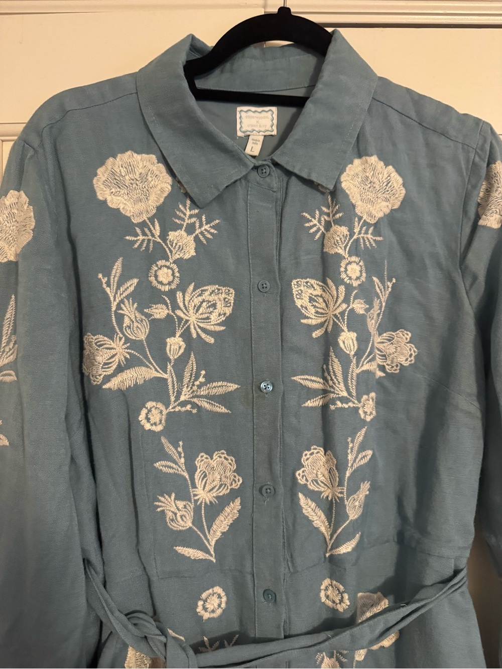crown & ivy Dusty Blue Long-Sleeve Embroidered Shirt Dress - Picture 2 of 4